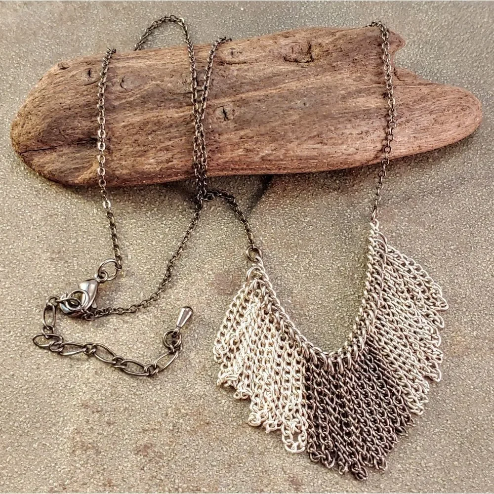 Two Tone Silver Gunmetal Chain Fringe Necklace
